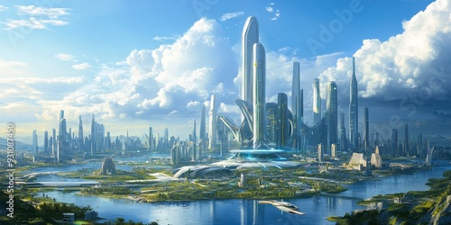 A futuristic world featuring cities of an advanced civilization, with smart technology, efficient energy use, and a harmonious urban design #931087450