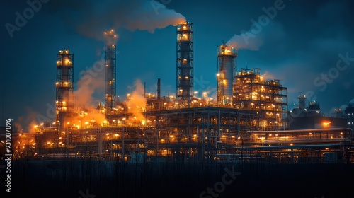 Oil refinery at night, with lights illuminating the complex network of pipes and towers, highlighting industrial energy production.