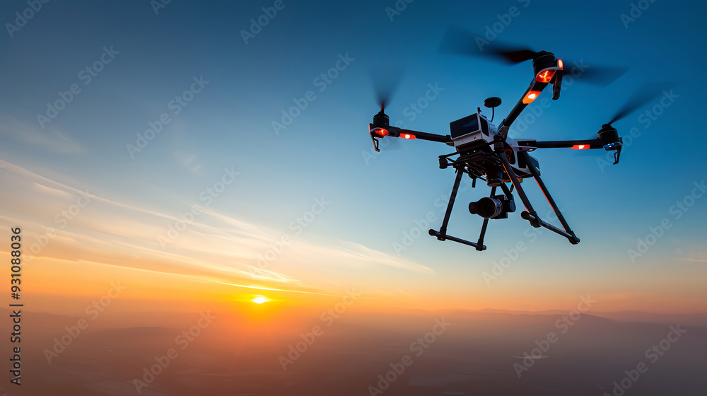 A drone with a GPS navigation system flying over a landscape A drone with a GPS navigation system flying over a landscape