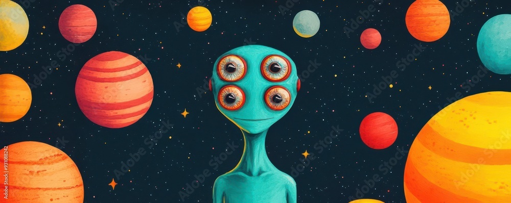 Naklejka premium A quirky alien character with multiple eyes, floating in space among vibrant planets and stars, Sci-fi, Bright colors, Digital painting