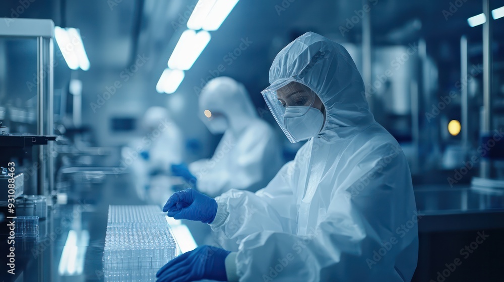 Pharmaceutical factory with workers in protective gear overseeing automated machinery, highlighting production efficiency. Pharmaceutical factory with workers in protective gear overseeing automated machinery, highlighting production efficiency.