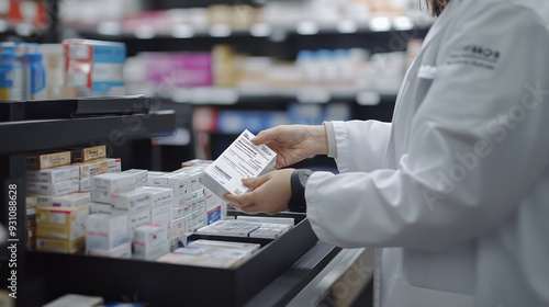 Pharmacist scanning a barcode on a medication box, focusing on technology and accuracy in pharmaceutical retail.