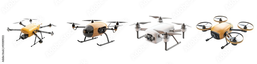 A collection of futuristic quadcopter drones, each equipped with cameras and featuring sleek designs, isolated on a white background, highlighting advanced aerial technology. A collection of futuristic quadcopter drones, each equipped with cameras and featuring sleek designs, isolated on a white background, highlighting advanced aerial technology.