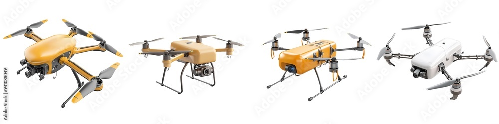A collection of quadcopter drones equipped with cameras, featuring different designs and colors, isolated on a white background, representing modern aerial technology and surveillance. A collection of quadcopter drones equipped with cameras, featuring different designs and colors, isolated on a white background, representing modern aerial technology and surveillance.