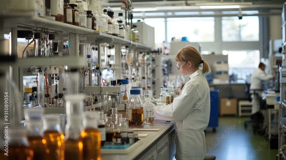 Obraz premium Research lab filled with modern equipment and scientists working on chemical experiments, representing innovation.