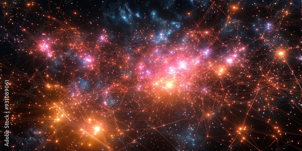 High-tech visualization of a star cluster, with radiant stars emitting digital signals and neon lines connecting them in a complex pattern