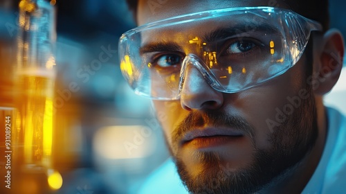 Researcher wearing protective goggles conducting an experiment in a modern laboratory, emphasizing innovation in chemistry.