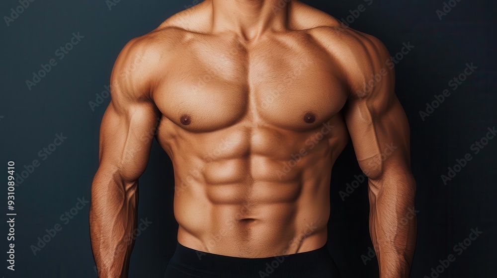 A muscular man showcases his defined torso, emphasizing strength and fitness in an artistic light. Ideal for health themes. A muscular man showcases his defined torso, emphasizing strength and fitness in an artistic light. Ideal for health themes.