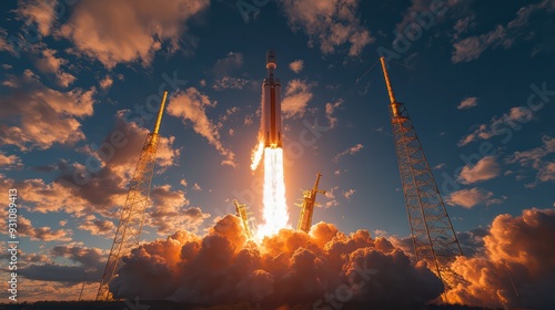 Fototapeta Naklejka Na Ścianę i Meble -  A rocket is launching into the sky, surrounded by clouds