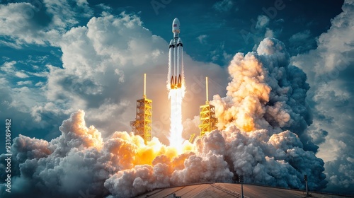 Fototapeta Naklejka Na Ścianę i Meble -  A rocket is launching into the sky, surrounded by clouds