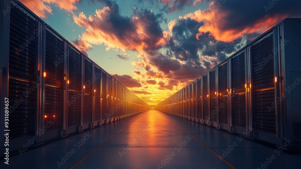 Obraz premium A long hallway with many computer servers