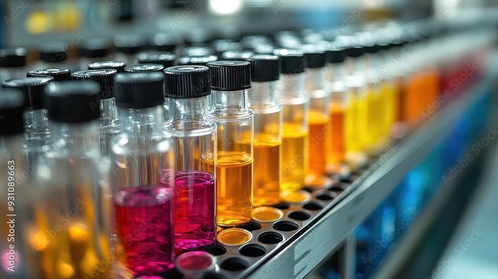 Rows of test tubes with various chemicals, arranged in a lab setting, showcasing the diversity of chemical compounds. Rows of test tubes with various chemicals, arranged in a lab setting, showcasing the diversity of chemical compounds.