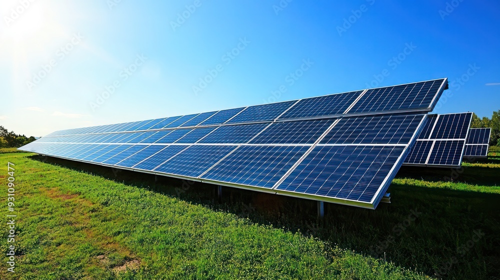 Solar panels on a large field under a clear sky, capturing clean energy from the sun, representing sustainability. Solar panels on a large field under a clear sky, capturing clean energy from the sun, representing sustainability.