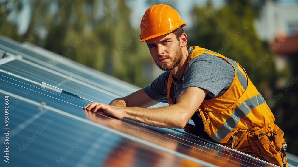 Solar technician installing photovoltaic panels on a rooftop, highlighting the growth of residential solar energy. Solar technician installing photovoltaic panels on a rooftop, highlighting the growth of residential solar energy.