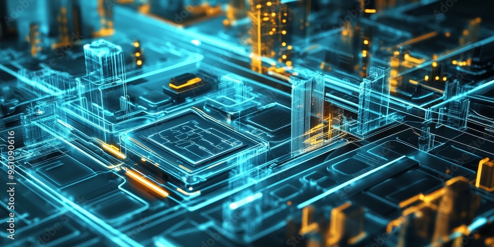 Fototapeta premium Advanced city technology interface, featuring holographic controls, real-time infrastructure monitoring, and interactive design elements