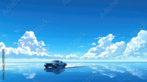 A peaceful anime scene of a vintage car racing across a vast ocean under a clear, cloudless sky, with no land visible.