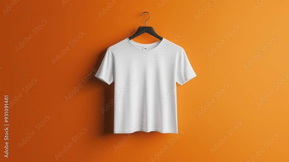 Graphic t-shirt mockup featuring a symmetrical design layout, displayed on a hanging t-shirt against a plain backdrop, highlighting artistic balance Graphic t-shirt mockup featuring a symmetrical design layout, displayed on a hanging t-shirt against a plain backdrop, highlighting artistic balance