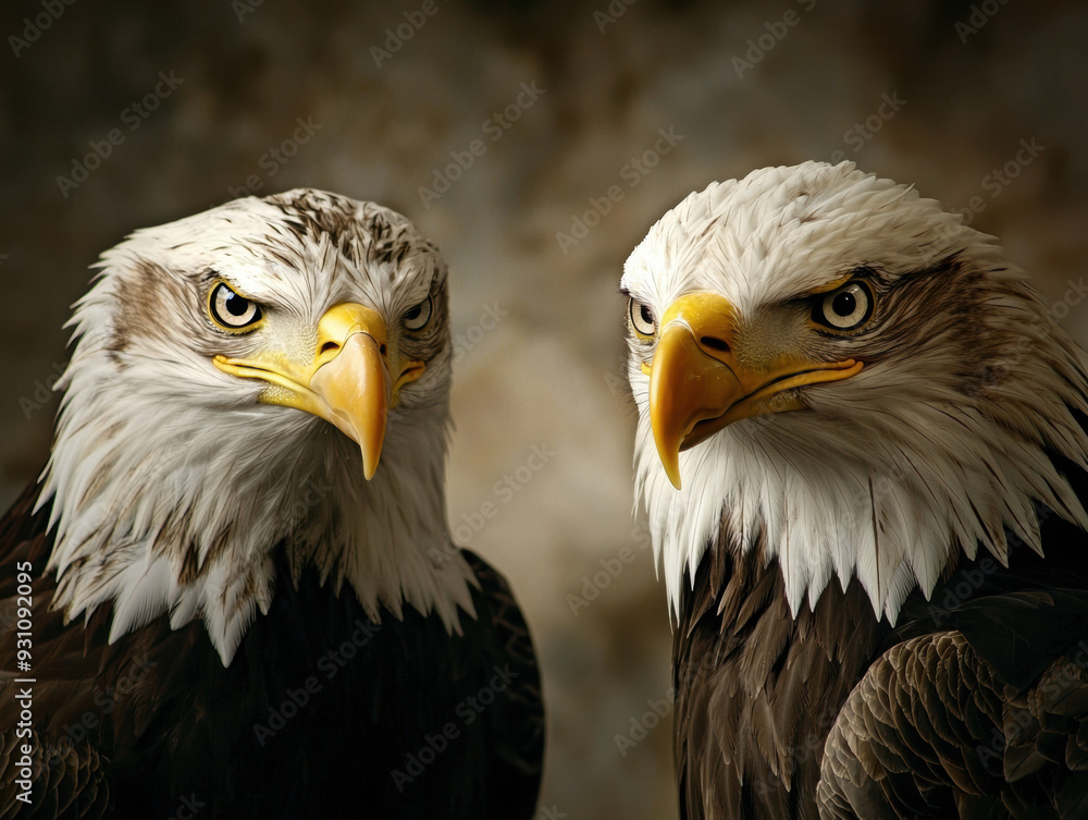 Two majestic bald eagles with intense eyes and sharp beaks, showcasing their powerful presence against a moody backdrop.
