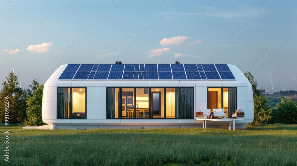 Obraz premium Solar-powered smart home with voice-controlled environments, reflecting the intersection of sustainability and advanced technology, sci-fi, solar energy, sustainability