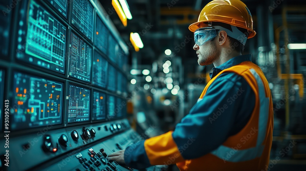 A Worker monitoring control panels in an oil refinery, ensuring smooth operations and efficiency in production. A Worker monitoring control panels in an oil refinery, ensuring smooth operations and efficiency in production.
