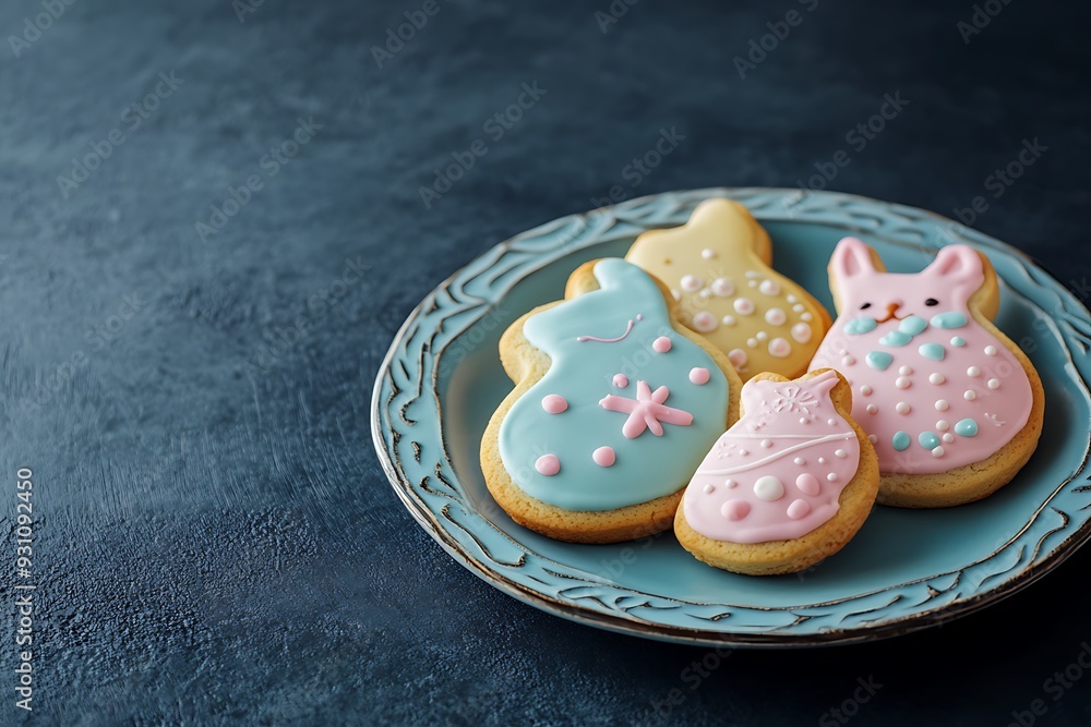 Easter banner on a pastel background. Homemade gingerbread cookies on a blue plate, Easter eggs and cookies in the shape of a rabbit. Easter concept. Easter banner on a pastel background. Homemade gingerbread cookies on a blue plate, Easter eggs and cookies in the shape of a rabbit. Easter concept.