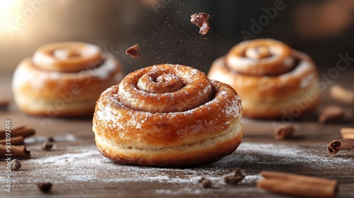 Sweet and sticky cinnamon rolls flipping in the ai  026 food, sweet, pastry, dessert, cake, isolated, baked, bakery, donut, breakfast, white, bread, tasty, sugar, bun, delicious, snack, doughnut, fres photo