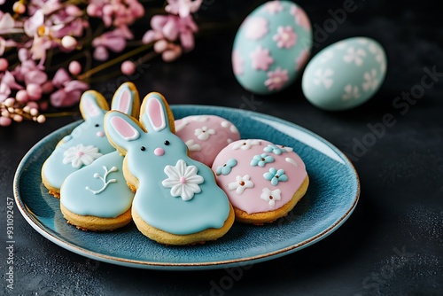 Easter banner on a pastel background. Homemade gingerbread cookies on a blue plate, Easter eggs and cookies in the shape of a rabbit. Easter concept.