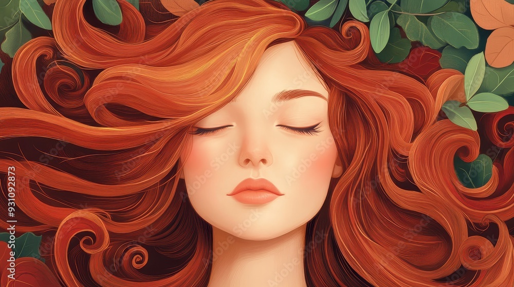 A serene portrait of a woman with flowing red hair surrounded by vibrant leaves, embodying tranquility and nature's beauty. A serene portrait of a woman with flowing red hair surrounded by vibrant leaves, embodying tranquility and nature's beauty.