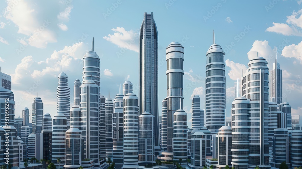 Obraz premium Advanced skyscrapers in a futuristic city, featuring AI-controlled climate systems, ensuring optimal comfort, futuristic city, skyscrapers, advanced technology