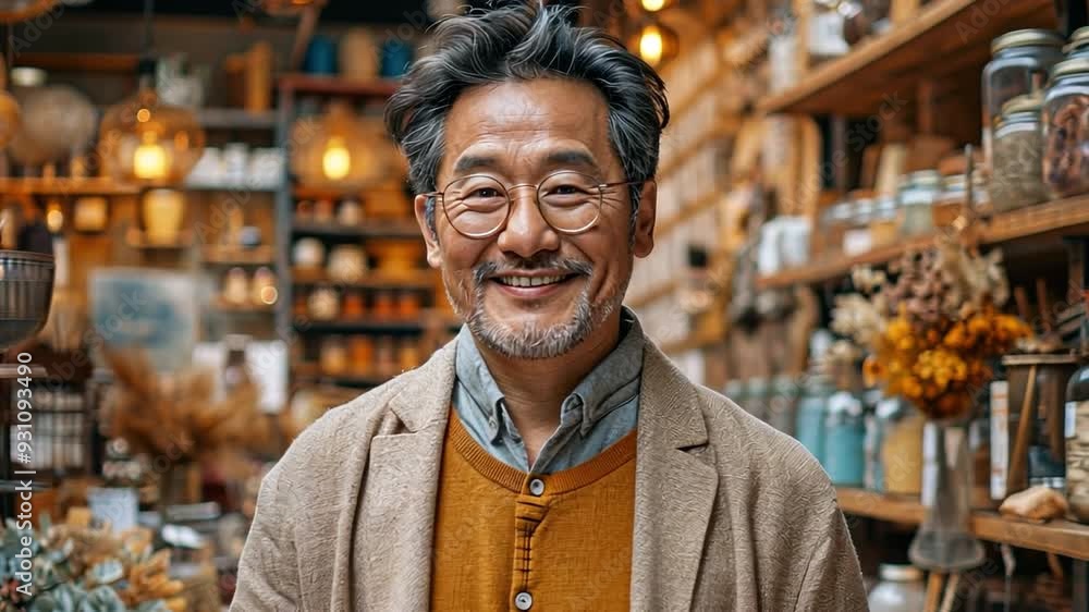 Asian businessman uses tablet while standing in front of a wood craft shop Asian businessman uses tablet while standing in front of a wood craft shop
