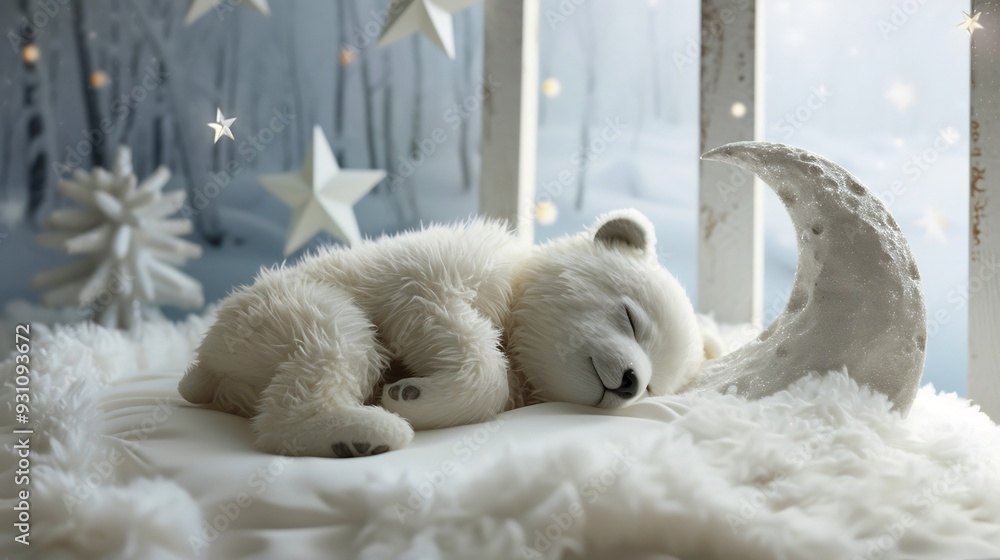 A Sleeping Polar Bear Cub Under a Crescent Moon A Sleeping Polar Bear Cub Under a Crescent Moon
