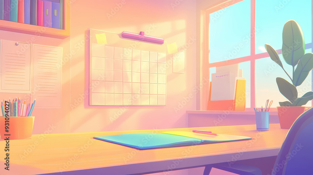 A serene workspace bathed in natural light, featuring a desk, calendar, and vibrant plant, ideal for creativity and productivity. A serene workspace bathed in natural light, featuring a desk, calendar, and vibrant plant, ideal for creativity and productivity.