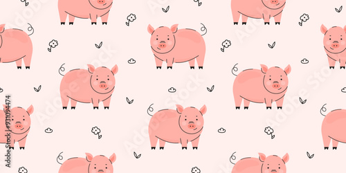 Cute pig with flower seamless pattern background