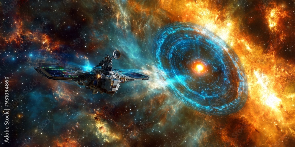 Fototapeta premium Advanced probes analyzing a distant pulsar, with holographic interfaces displaying cosmic data, set against a vivid stellar background