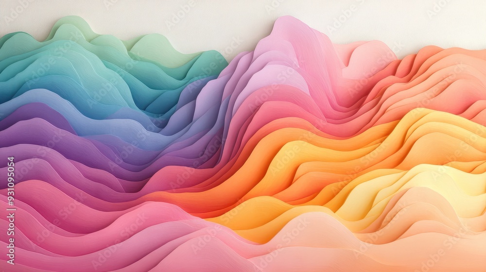 Obraz premium A vibrant abstract wave of colored layers, blending soft hues of blue, pink, and orange for a calming and artistic atmosphere.