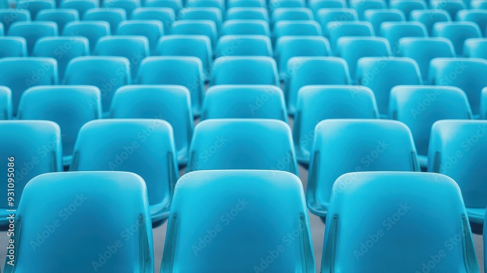 A vibrant array of blue chairs arranged in neat rows A vibrant array of blue chairs arranged in neat rows