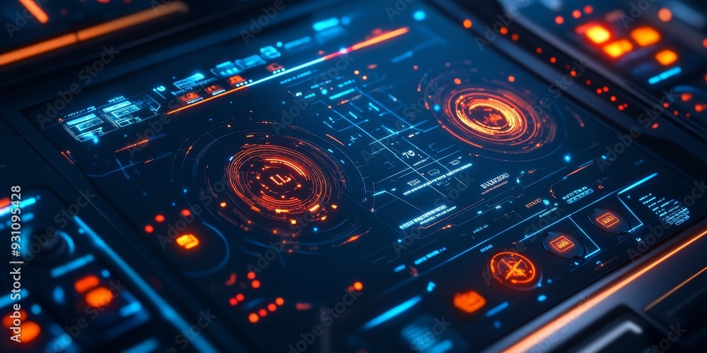 Close-up of a digital control panel with advanced holographic buttons, real-time space data, and interactive celestial mapping tools Close-up of a digital control panel with advanced holographic buttons, real-time space data, and interactive celestial mapping tools