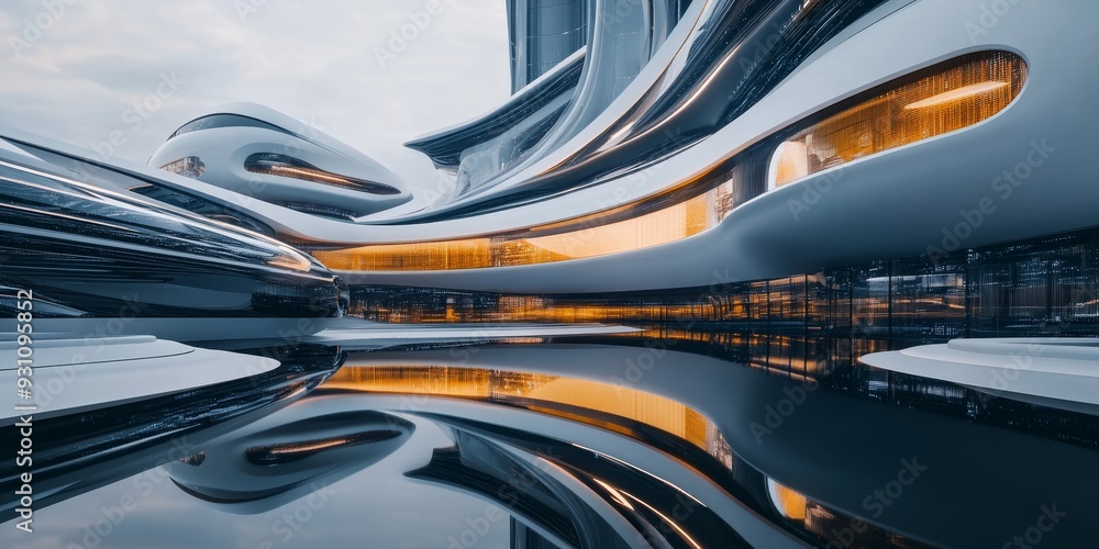 Fototapeta premium Close-up of a futuristic building with modern design elements, including robotic systems, AI integration, and a sleek, high-tech aesthetic