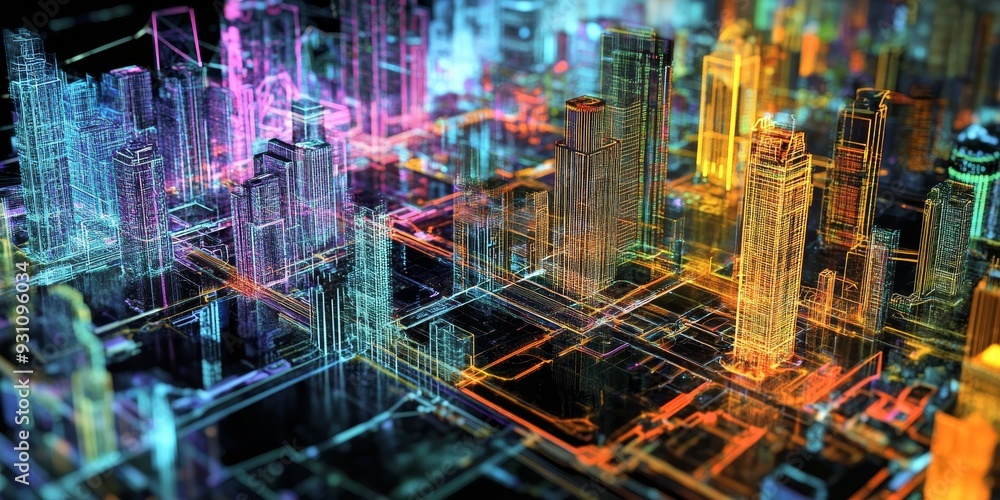 Obraz premium Advanced interface for managing urban development, with holographic overlays, live infrastructure data, and interactive design tools