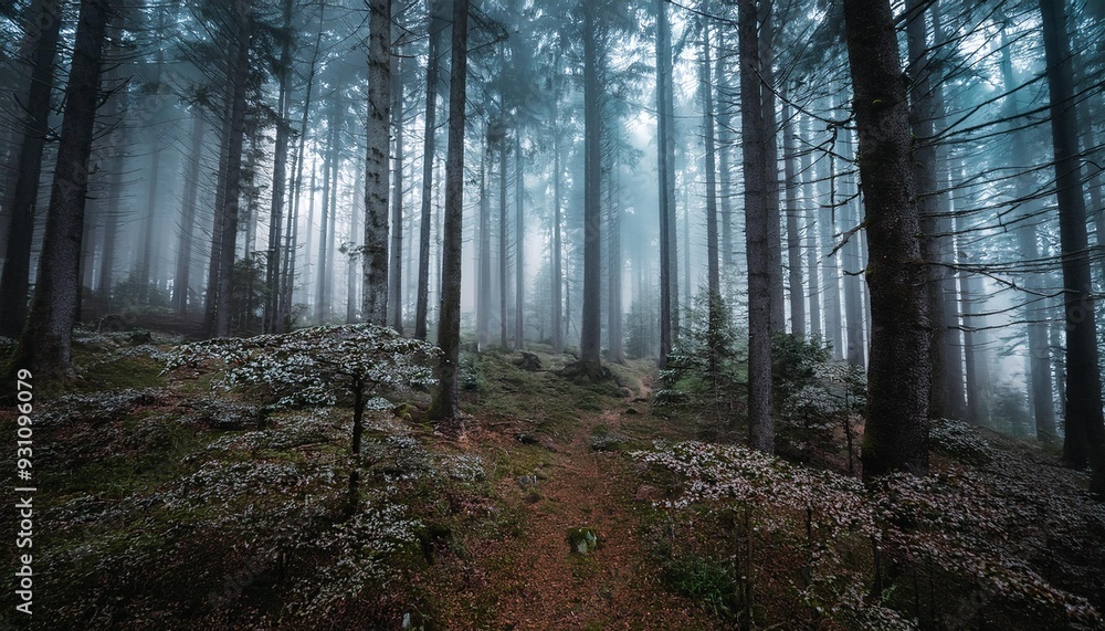 Fototapeta premium dark forest with fog and beautiful colors