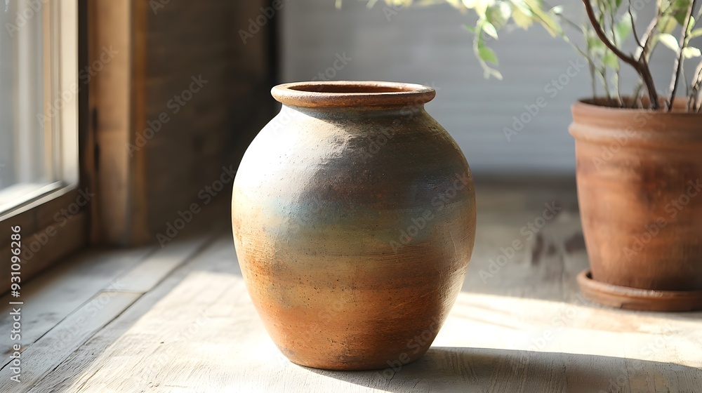 Handcrafted vase, unpolished finish, rustic charm, raw materials, sunlit studio, artisan pottery Handcrafted vase, unpolished finish, rustic charm, raw materials, sunlit studio, artisan pottery