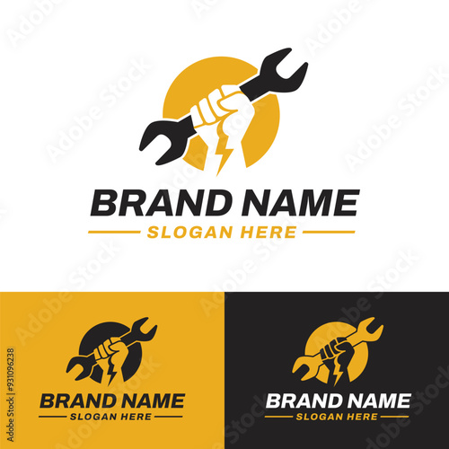 hand hold wrench tools hardware electric blitz symbol icon flat logo stock vector design