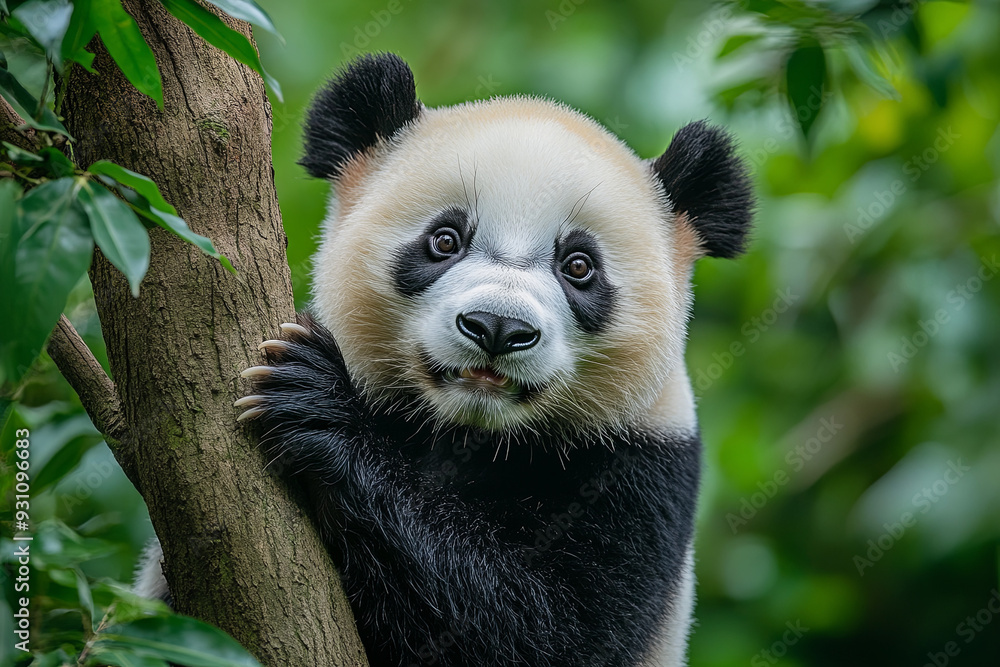 Obraz premium Panda climbing a tree branchv