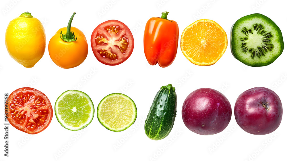 Obraz premium Vibrant Assortment of Colorful Fruits and Vegetables on Plain White Background Transparent PNG 