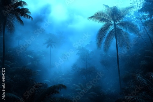 A misty tropical forest with tall palm trees reaching for the sky. The blue light casts an ethereal glow on the scene.