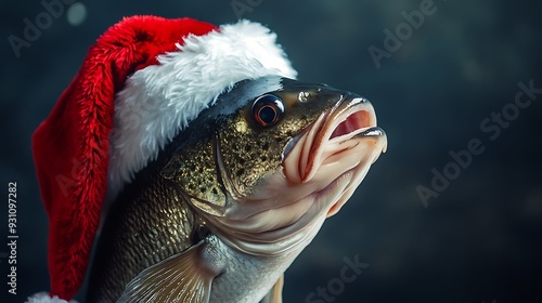 Santa fish Christmas Big fish in Santa Claus red hat cooking restaurant concept