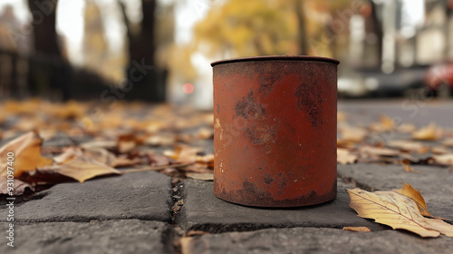 Rusty can filled with vibrant red autumn leaves, scattered across the streets