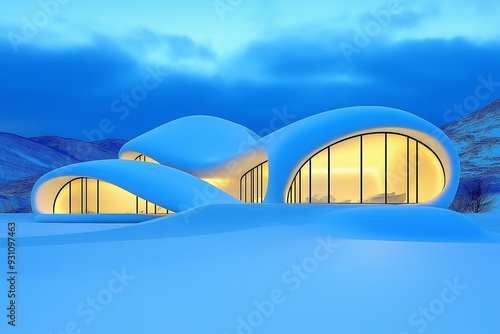 A futuristic, white, curved house with large windows glows warmly against a twilight sky. The house is nestled in a snowy landscape, with mountains in the background.