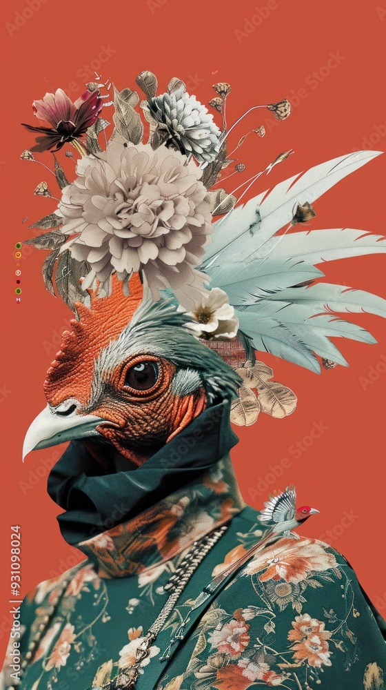 Rooster head with floral crown on terracotta background. Rooster head with floral crown on terracotta background.