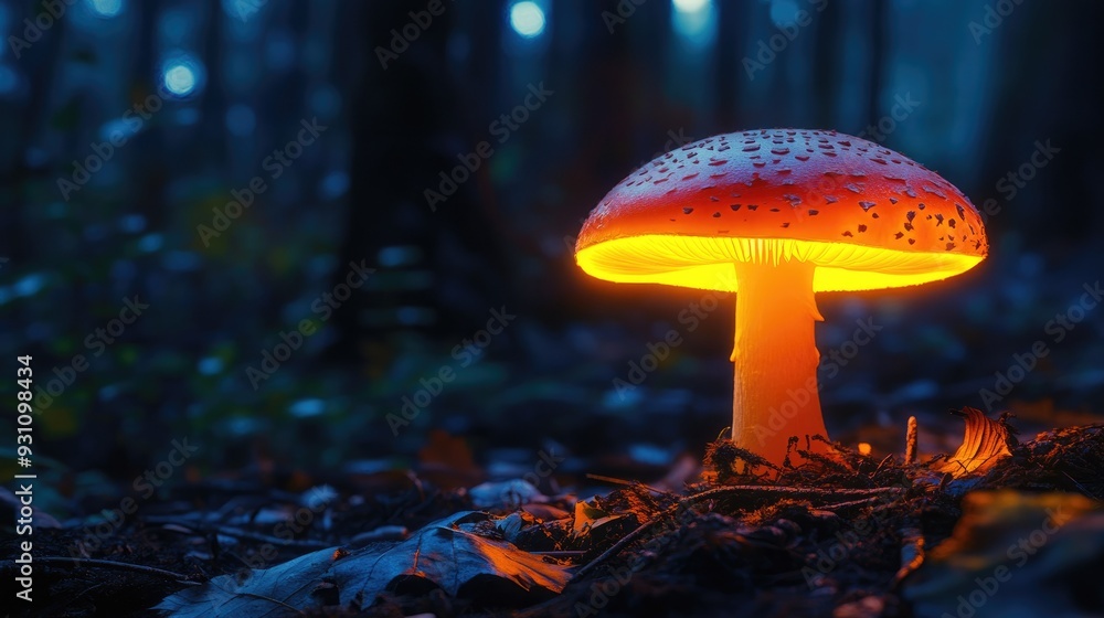 Fototapeta premium A glowing mushroom in the forest, its luminescent cap illuminating the surroundings with a soft light.